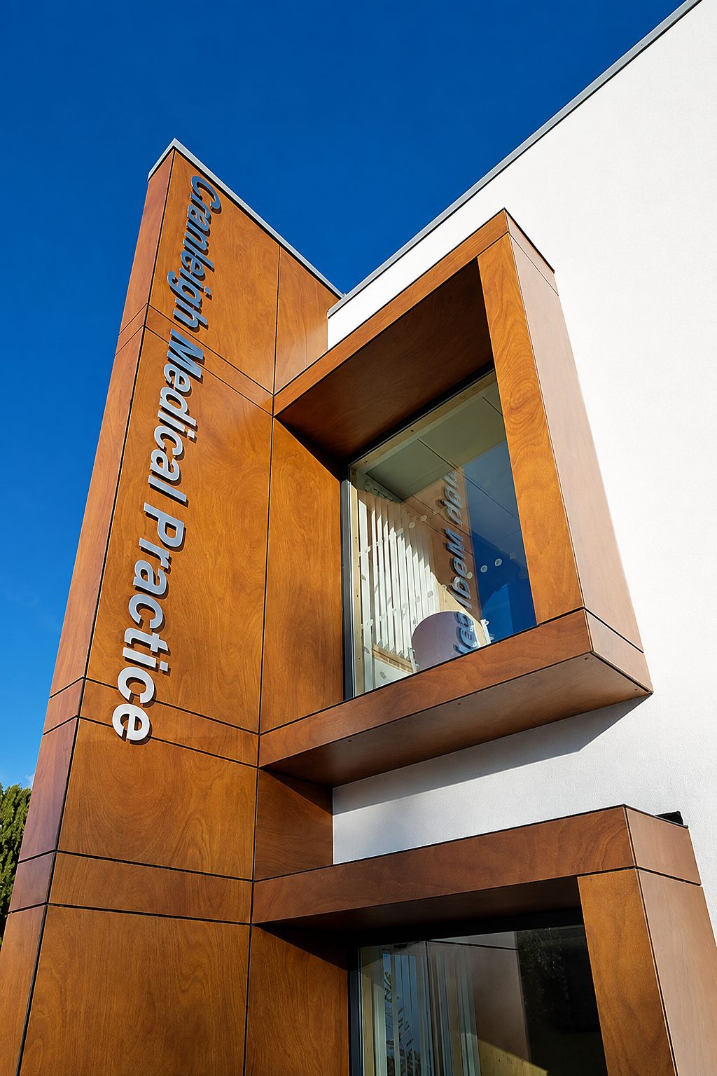 Parklex wood-veneer panels wrapping the entrance tower and projecting window surround of Cranleigh Health Centre, lettered Cranleigh Medical Practice, Surrey