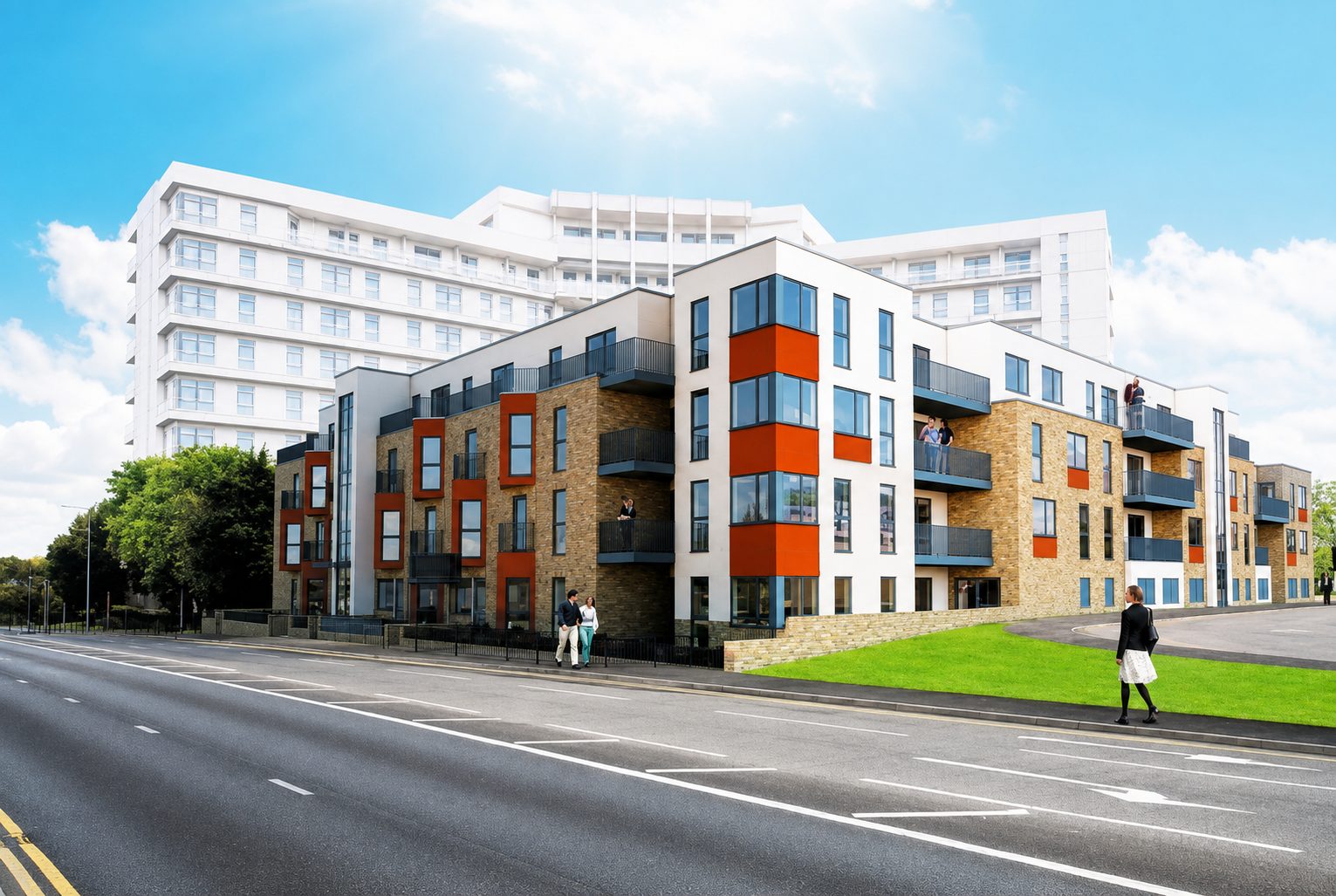 Design visual of an apartment wing with orange-framed bays and stone-toned panels along a road, the white Panorama tower behind