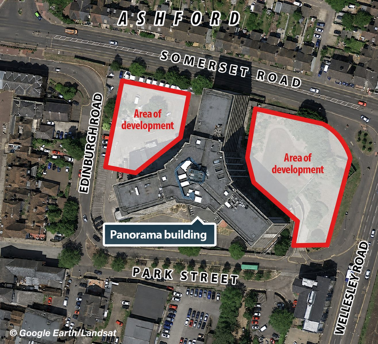 Annotated aerial site plan of The Panorama, Ashford, with two areas of development outlined in red either side of the tower