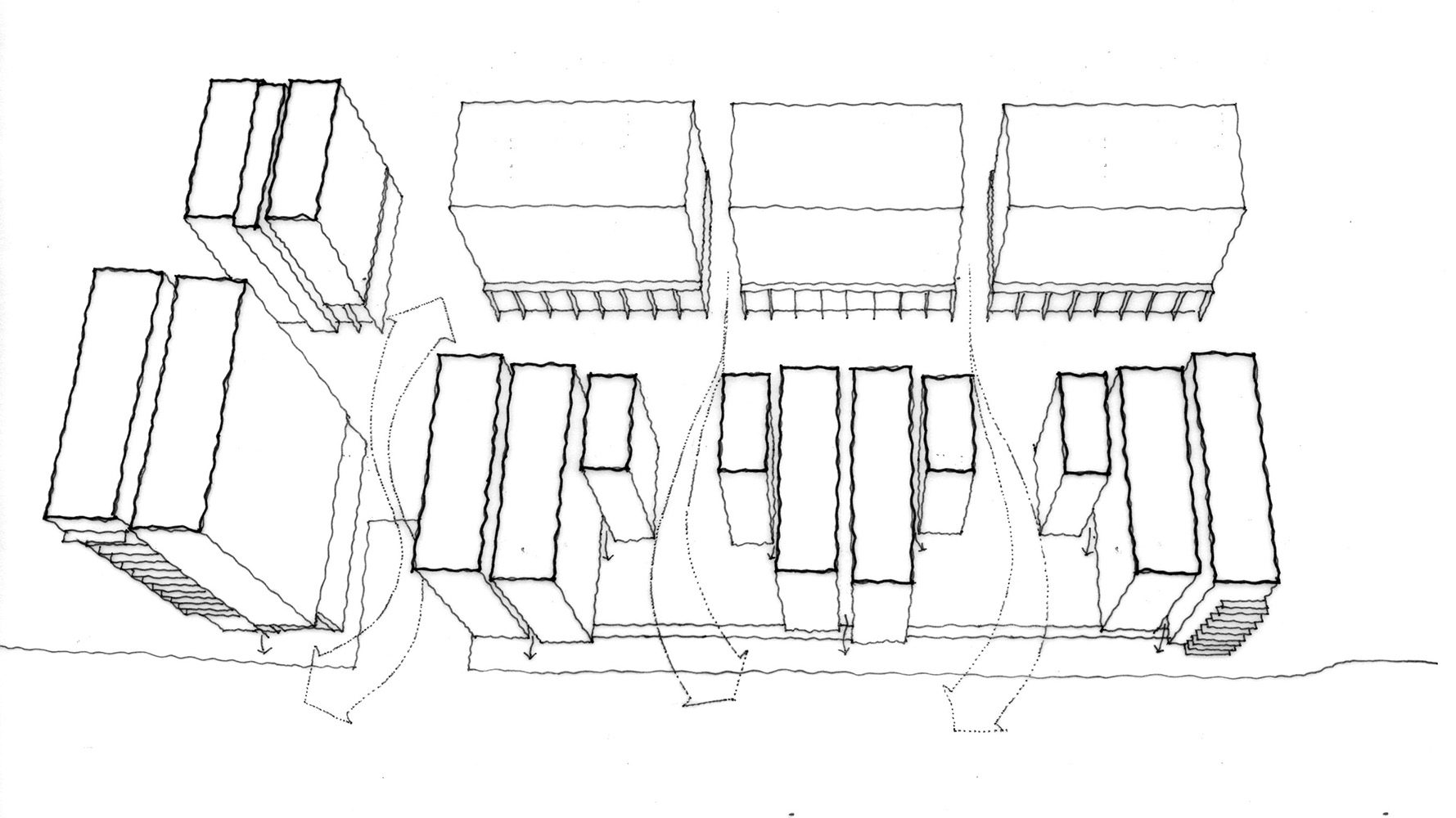 Hand-drawn aerial sketch of rectangular residential blocks with dotted pedestrian routes passing between them
