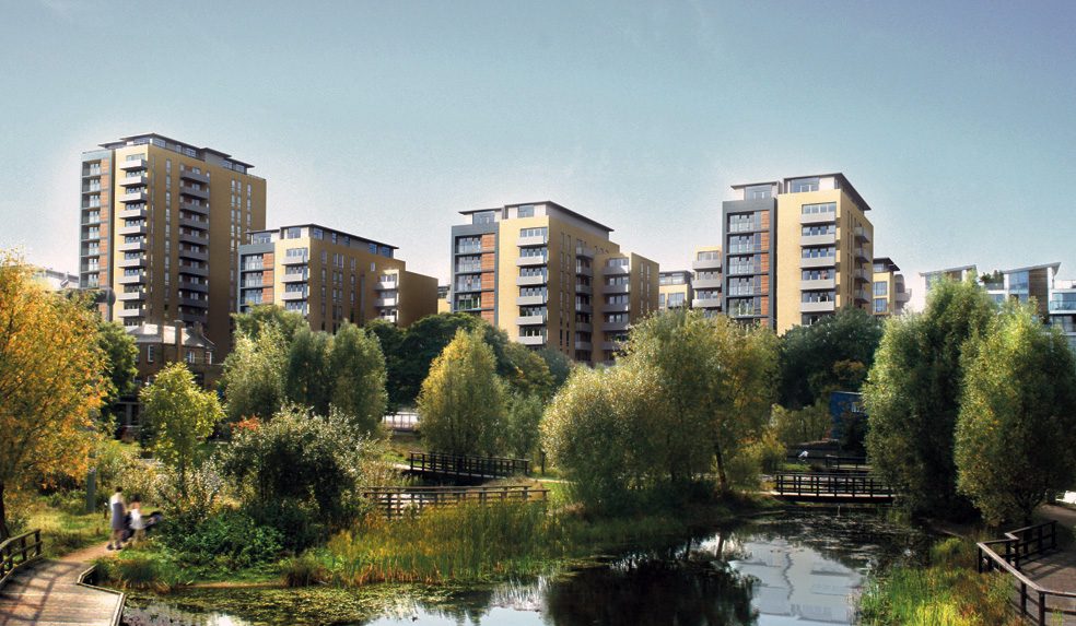 Visualisation of buff residential blocks behind a pond with reeds, trees and timber boardwalks