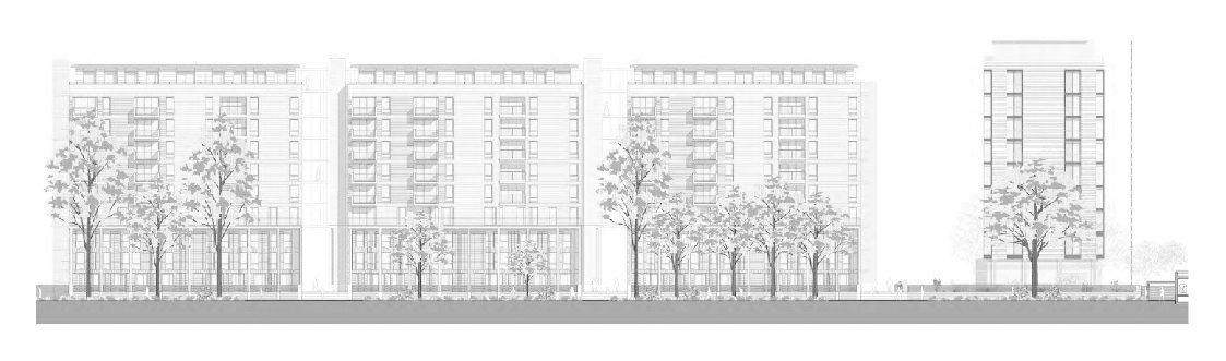 Line elevation drawing of three long residential blocks and a separate tower, with trees drawn in front