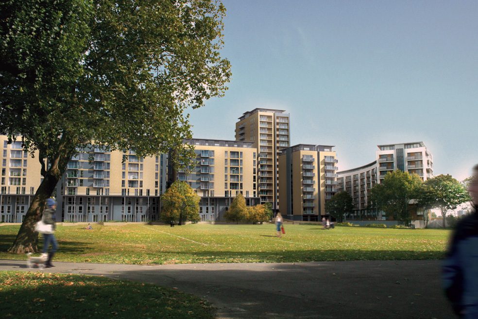 Visualisation of residential blocks seen across a park lawn with a large tree and people walking